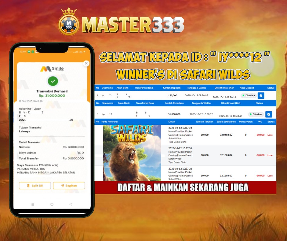 MASTER333 JACKPOT SLOT Safari Wilds   1000  Rp.31,000,000.,- LUNAS